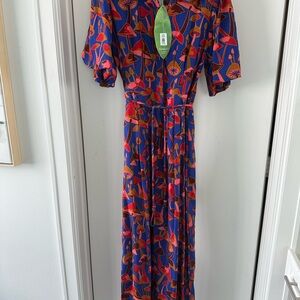 Elegant Blue and Red Patterned Dress